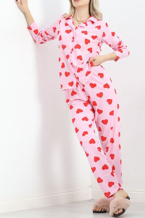Önü Düğmeli Pijama Takımı Pembekırmızı - 150.1287.